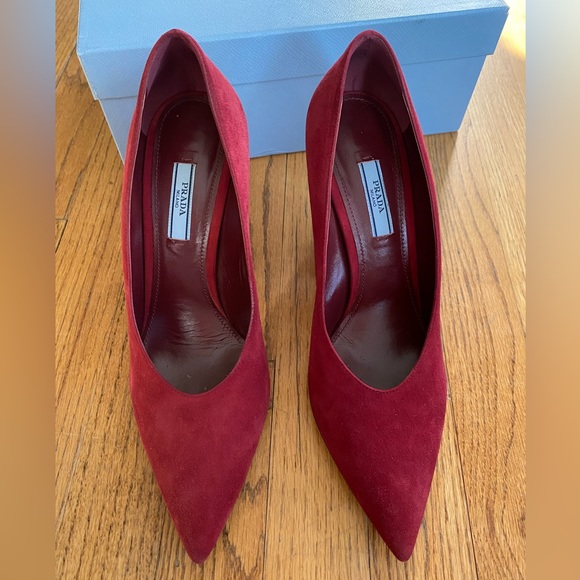 Prada • New Red Suede Block Heels - Picture 2 of 3